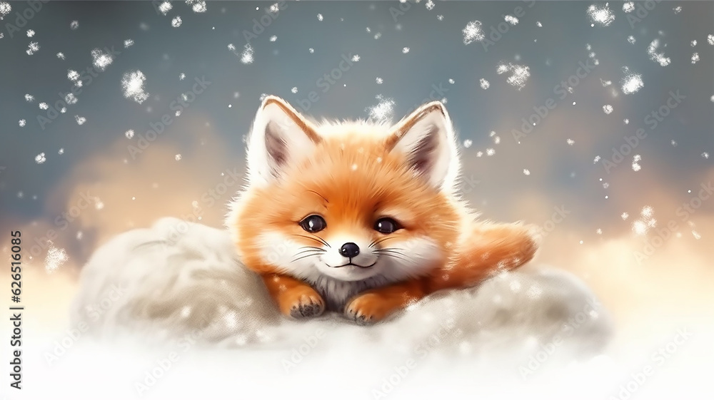 a baby fox cub sleeps on a cloud among the stars. a baby fox cub sleeps on a cloud among the stars.