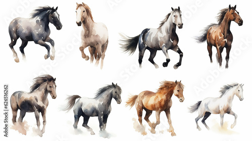 Collection of running horses on a white background watercolor drawing. © kichigin19