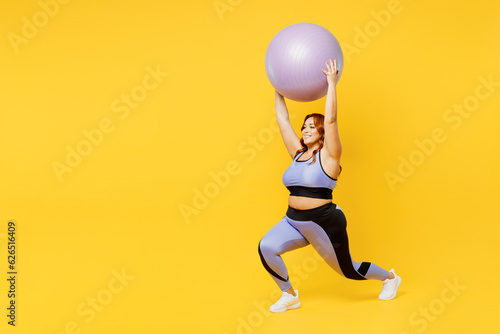 Photo Full body young chubby plus size big fat fit woman wear blue top warm up trainin
