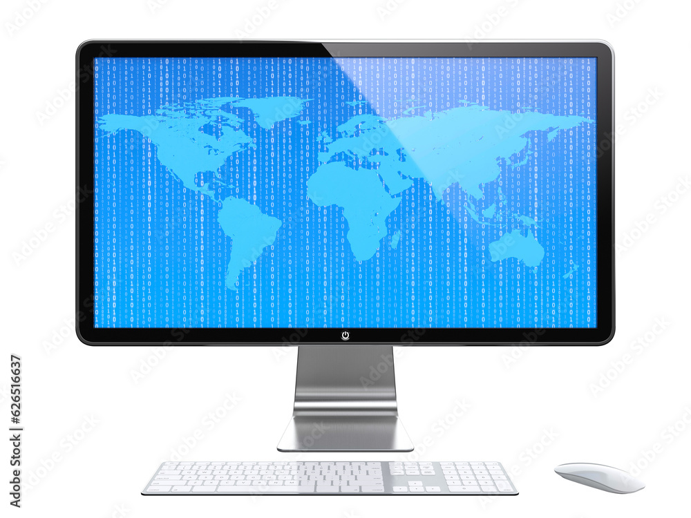Computer monitor with World map and flying digits on screen isolated on transparent background Computer monitor with World map and flying digits on screen isolated on transparent background