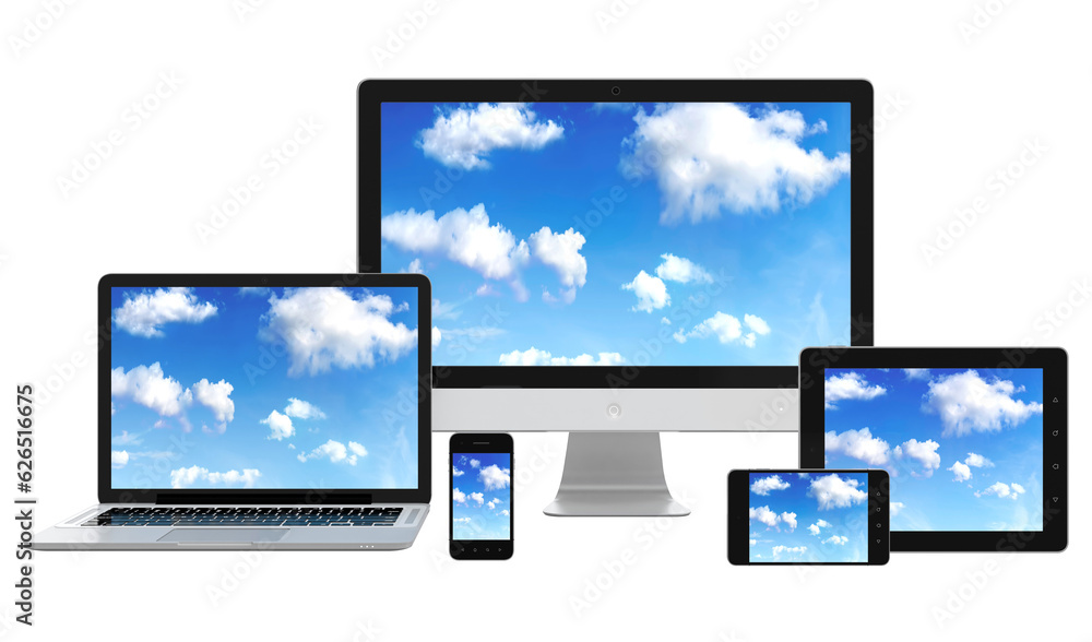 Cloud computing concept on different electronic devices isolated on transparent background Cloud computing concept on different electronic devices isolated on transparent background