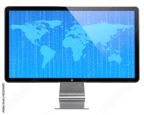 Computer monitor with World map and flying digits on screen isolated on transparent background