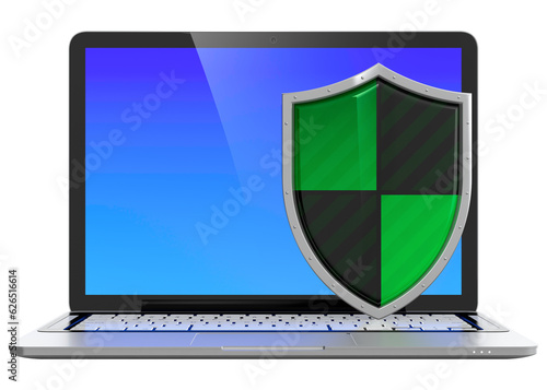 Free Download 3D image of computer protection concept. Laptop with shield guard isolated on transparent background - GFXLoad