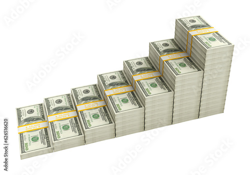 3D render of growing stack of dollar bills isolated on transparent background