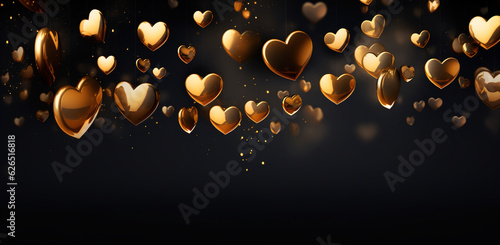 black and gold hearts floating on the dark background