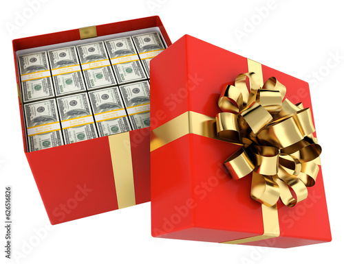 3D illustration of gift box full of dollar bills isolated on transparent background
