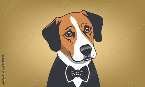 Vector portrait of a cute friendly beagle dog. Beautiful thoroughbred hunting puppy. British breed. Doggy gentleman in a bow tie.