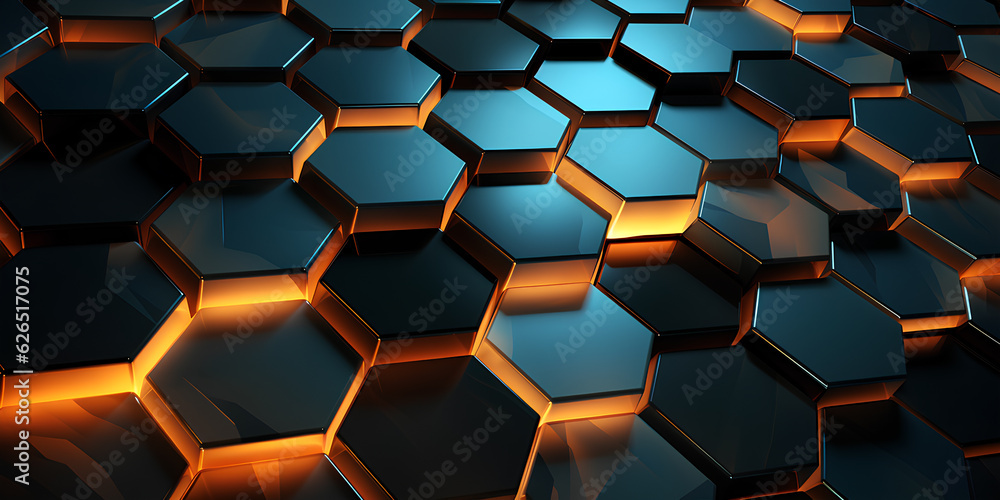 3 d rendering hexagons on black background with glowing lights. 3 d rendering hexagons on black background with glowing lights.