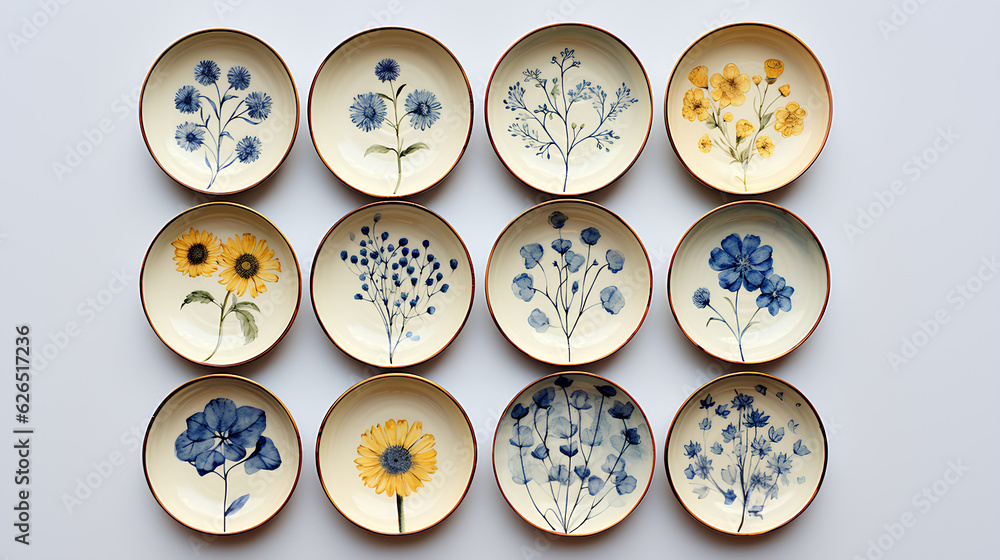 Obraz premium set of vintage ceramic plates with flowers on white background. 