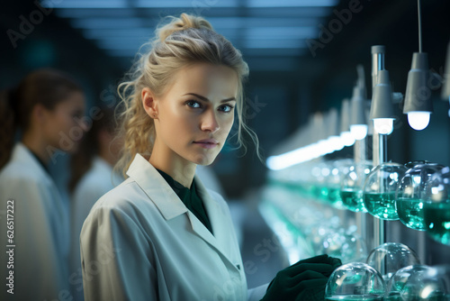 A female laboratory technician in a laboratory with a test tube and lamps works on scientific, genetic, biological research. Copy space