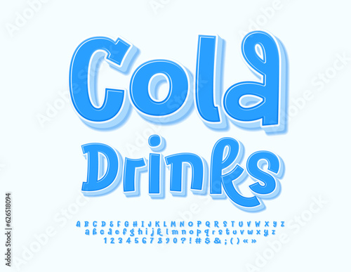 Vector creative logo Cold Drinks. Playful Blue Font. Handwritten 3D Alphabet Letters and Numbers.