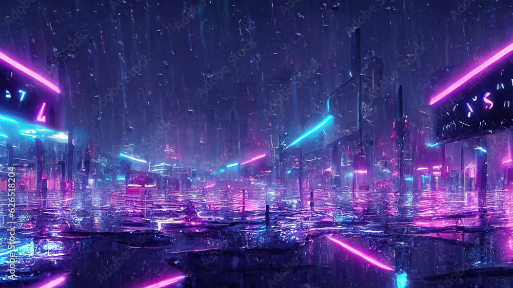 Cyberpunk metropolis: Rainstorm, neon signs on wet pavements. Futuristic cityscape in perpetual rain.