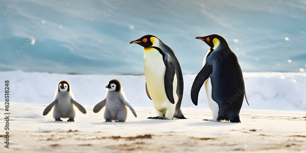 Fototapeta premium Parent and baby penguins. Parents love, bond and parenting concept.