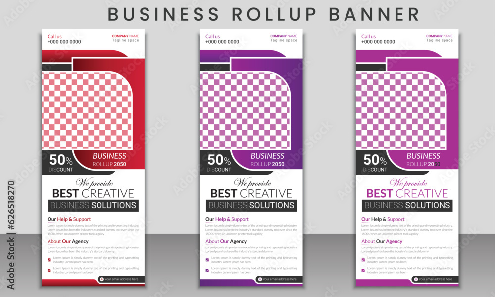 Corporate roll up banner set of three color variations, modern geometric shapes on white and minimal background