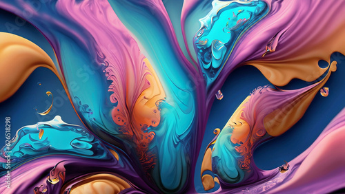 A visually stunning image with fluid dynamics, colorful and vibrant patterns of flowing liquids, and combining them with elements like flowers or butterflies, creating graceful and mesmerizing visual photo