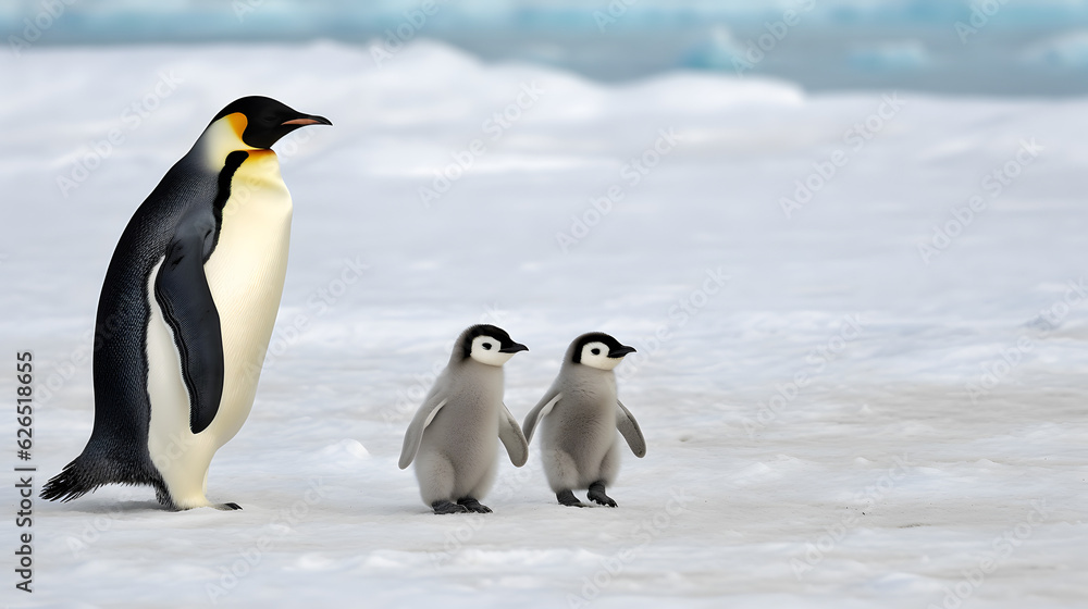 Obraz premium Dad or mom and baby penguins. Father love, bond and parenting concept.