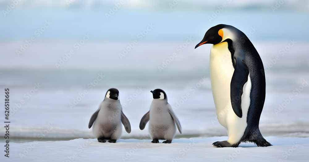 Fototapeta premium Dad or mom and baby penguins. Father love, bond and parenting concept.