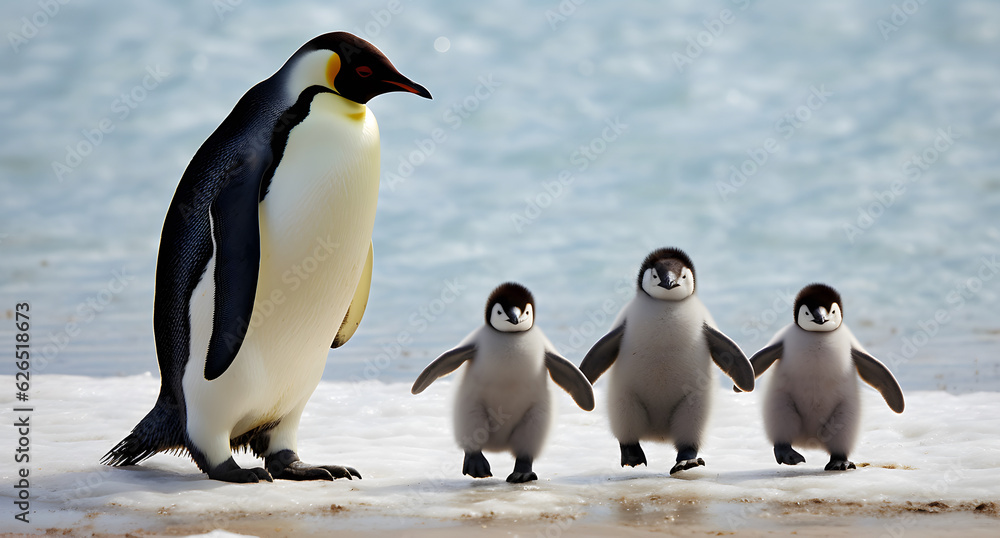 Fototapeta premium Dad or mom and baby penguins. Father love, bond and parenting concept.
