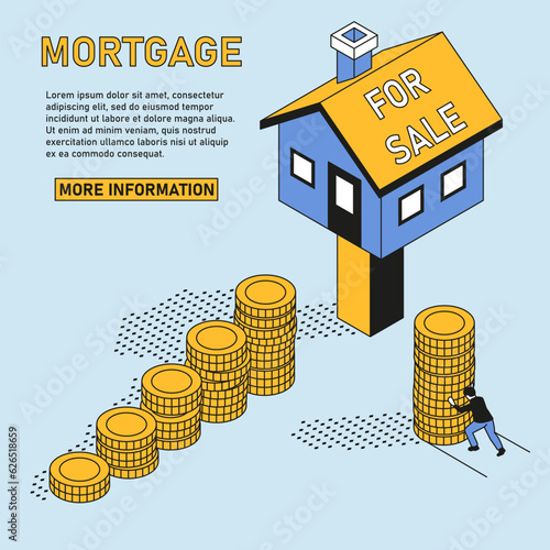 Web page for buying a house. Isometric illustration of a man creating steps out of coins to pay off his mortgage.