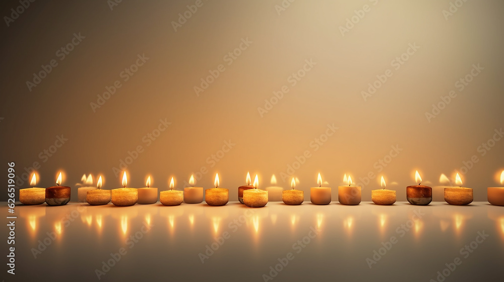 a row of burning candles on a warm background festive background, empty copy space. a row of burning candles on a warm background festive background, empty copy space.