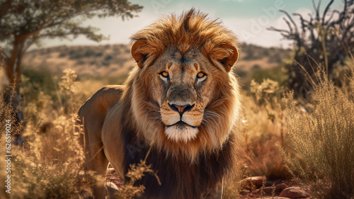lion in the savanna african wildlife landscape.