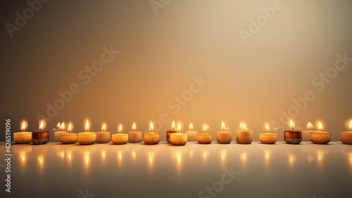 a row of burning candles on a warm background festive background, empty copy space.
