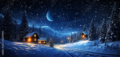 winter forest , blue night ,starry sky, full moon Christmas trees ,wooden cabin with light in windows, ,pine trees covered by snow ,winter holiday background © Aleksandr