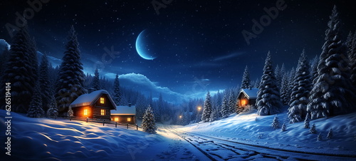 winter forest , blue night ,starry sky, full moon Christmas trees ,wooden cabin with light in windows, ,pine trees covered by snow ,winter holiday background © Aleksandr