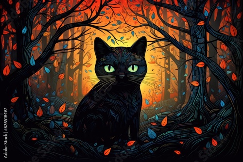 Kitty cat sitting in front of a full moon. Generative AI