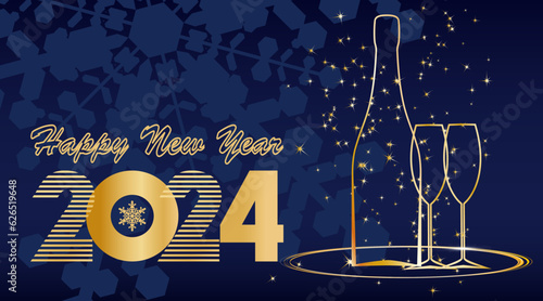 2024. Christmas, New Year, champagne, snowflakes, decorative holiday decorations 