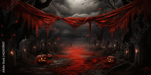 red halloween banner with petals and pumpkins