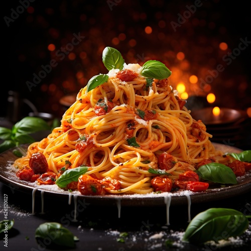 Delight in the Tempting Pleasures of Juicy and Crunchy Spaghetti. A Healthy Meal Laden with Balanced Nutrition, Creating a Perfect Fusion of Flavors and Wholesome Satisfaction. AI Generated
