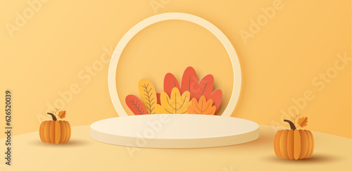 Paper cut of white cylinder podium, geometric shapes with autumn landscape for products display presentation. Vector illustration