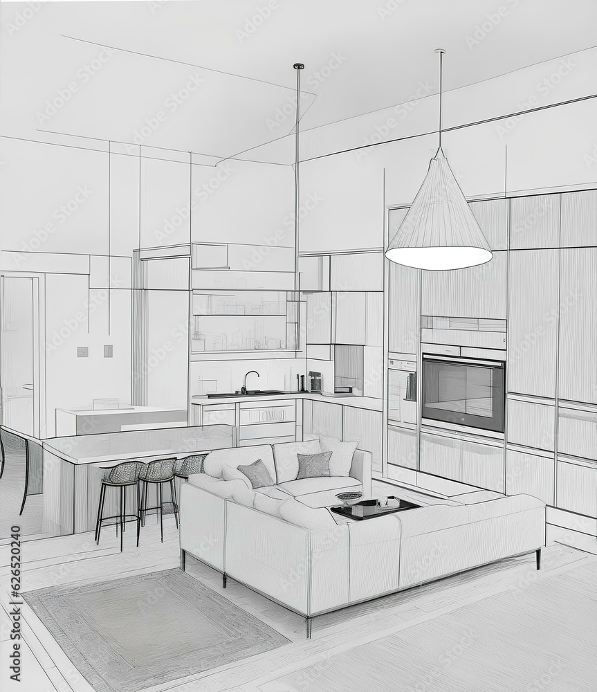 Modern style living room sketch, Generative AI Modern style living room sketch, Generative AI
