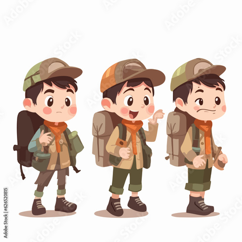 Boy in adventurous attire, cartoon illustration, vector pose, playful child.
