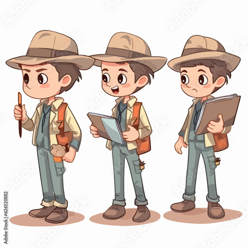 Boy in archaeological attire, cartoon illustration, vector pose, adventurous child.