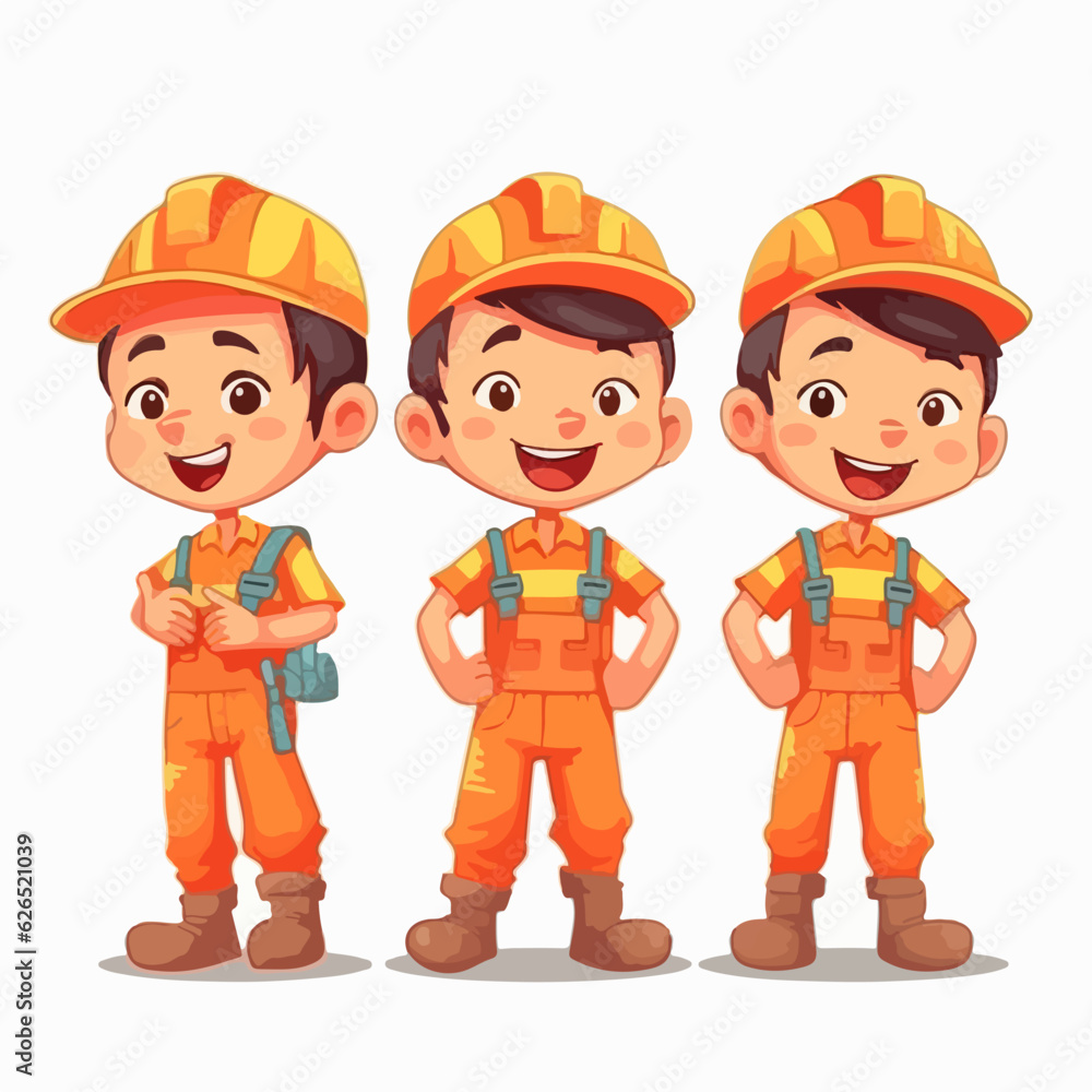 Builder kid in construction clothes, cartoon illustration, young boy, multipose.