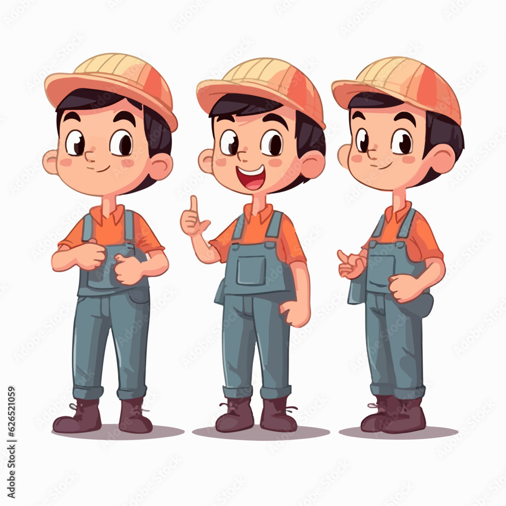Builder boy with construction outfit, vector pose, little child, cartoon illustration. Builder boy with construction outfit, vector pose, little child, cartoon illustration.