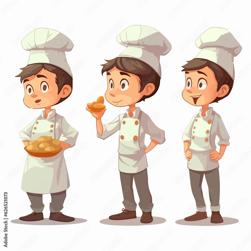 Chef kid in chef's clothes, cartoon illustration, young boy, multipose. Chef kid in chef's clothes, cartoon illustration, young boy, multipose.