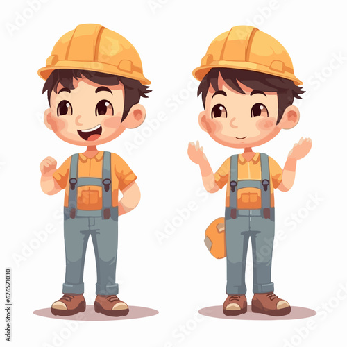 Vector illustration of a young builder boy, dressed for work, cartoon pose. © Llama-World-studio