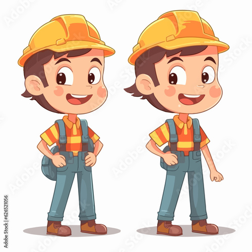Vector illustration of a young builder boy, dressed for work, cartoon pose. © Llama-World-studio