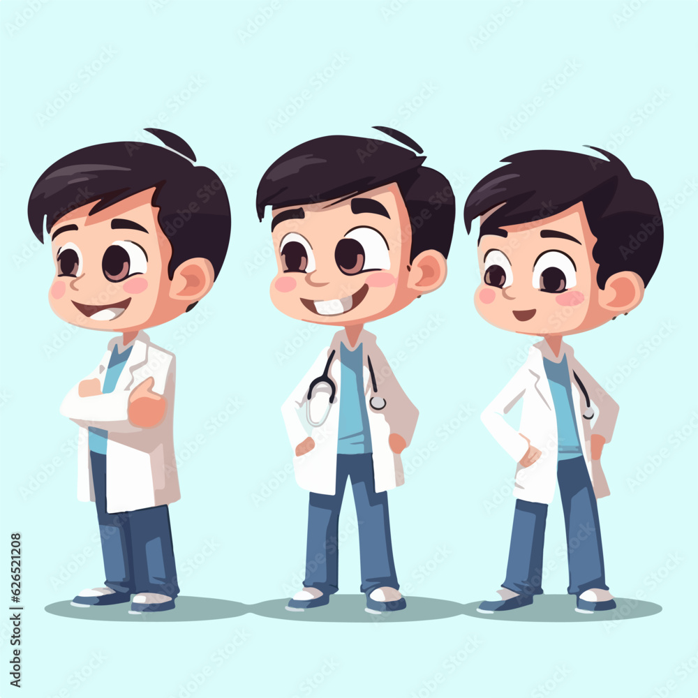 Doctor boy wearing medical gear, vector cartoon, young kid, multipose.