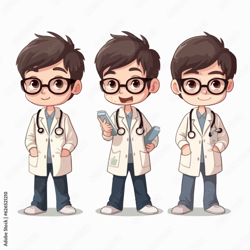 Vector illustration of a young doctor boy, dressed for medicine, cartoon pose. Vector illustration of a young doctor boy, dressed for medicine, cartoon pose.