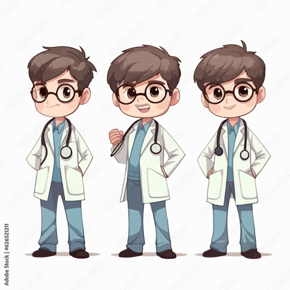 Doctor boy wearing medical gear, vector cartoon, little kid, multipose. Doctor boy wearing medical gear, vector cartoon, little kid, multipose.