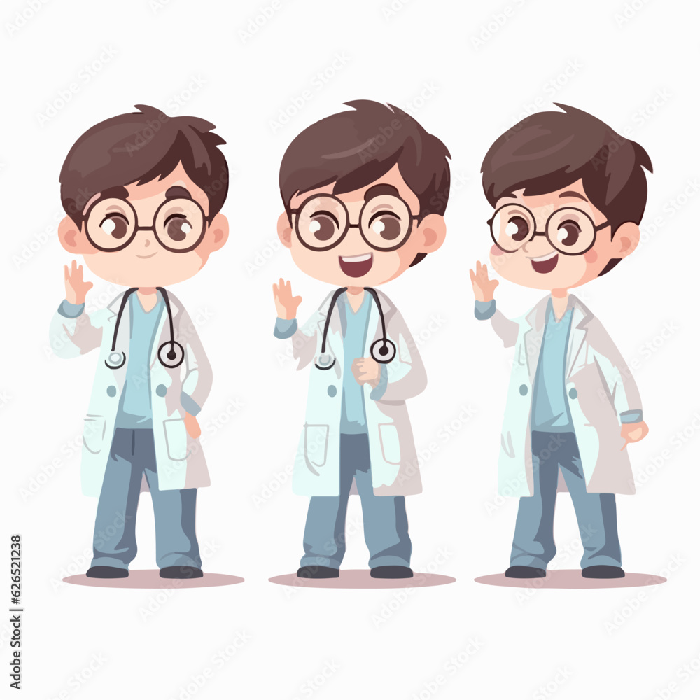 Doctor boy dressed in medical uniform, vector illustration, young kid, cartoon pose. Doctor boy dressed in medical uniform, vector illustration, young kid, cartoon pose.