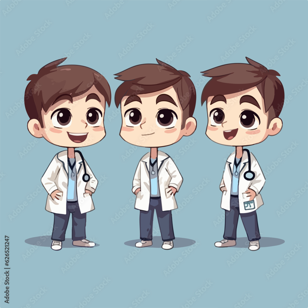 Fototapeta premium Boy in doctor costume, cartoon illustration, vector pose, little child.