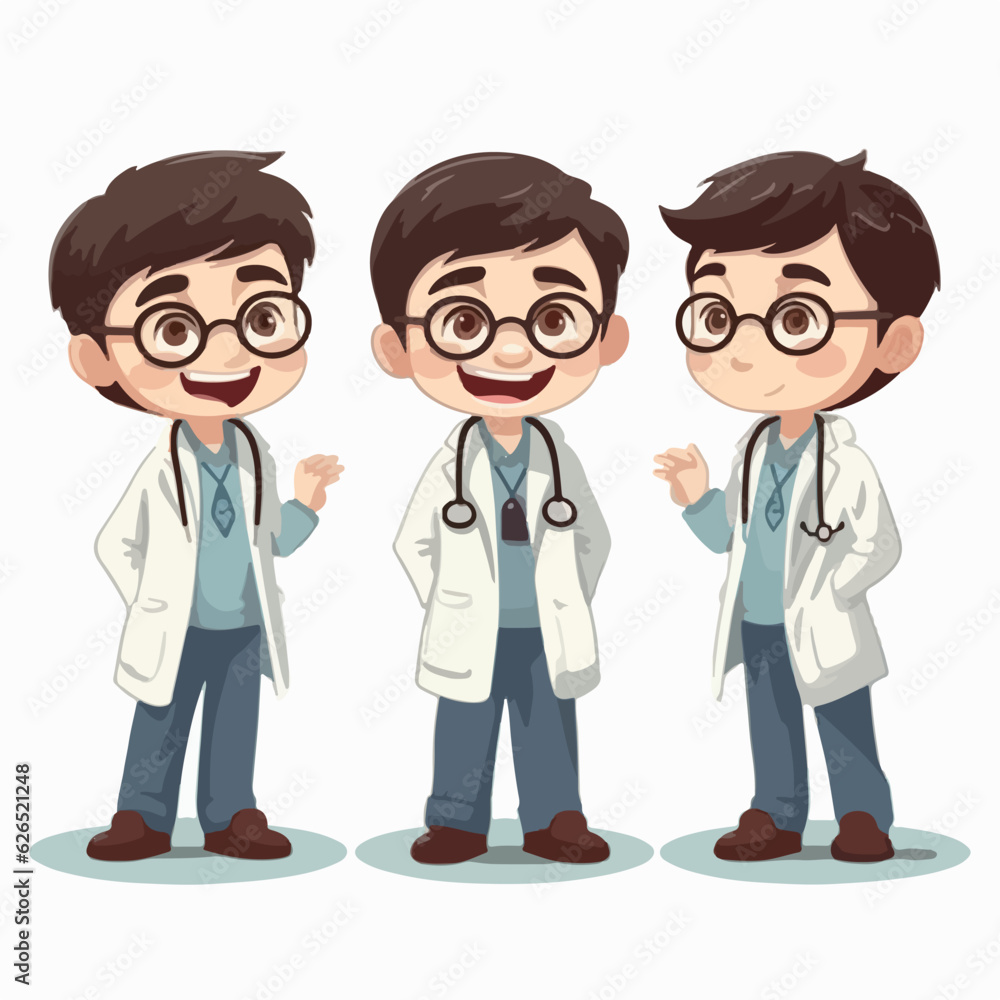 Cartoon of a boy in medical outfit, vector illustration, young child, pose.
