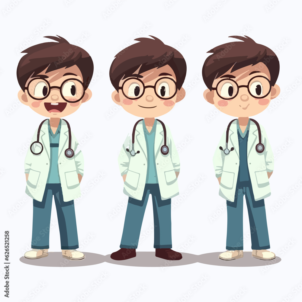 Doctor boy with medical attire, vector pose, young kid, cartoon style. Doctor boy with medical attire, vector pose, young kid, cartoon style.