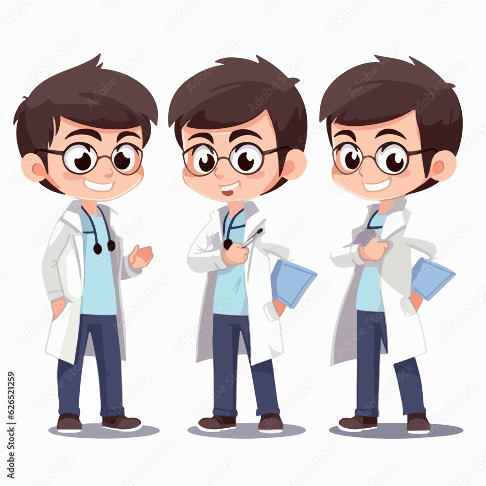 Doctor kid in medical attire, cartoon illustration, young boy, vector pose. Doctor kid in medical attire, cartoon illustration, young boy, vector pose.