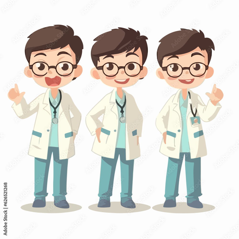 Cartoon boy dressed as a doctor, vector pose, young kid, cartoon style.